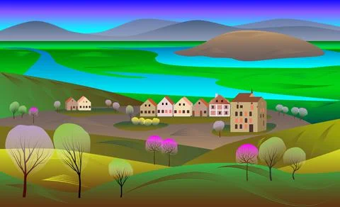 Spring landscape with blossoming trees Stock Illustration