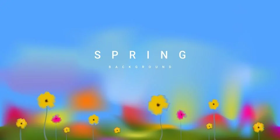 Spring landscape blurred background with bright soft flowers, blue sky and .. Stock Illustration