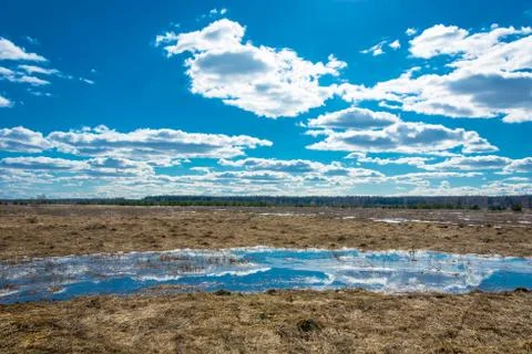 Spring landscape with bright white clouds and the reflections in the water. Stock Photos