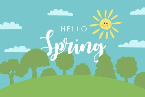 Spring landscape in cartoon style with trees, sun, clouds. Hello Spring card Stock Illustration