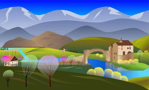 Spring landscape with a castle, a bridge over the river, flowering trees, Stock Illustration