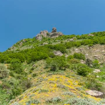 Spring landscape with central stone figures in Valley of Ghosts in Crimea Foto stock