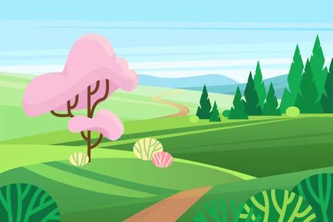 Spring landscape with cherry blossoms and green grass meadows on fields, village Illustration