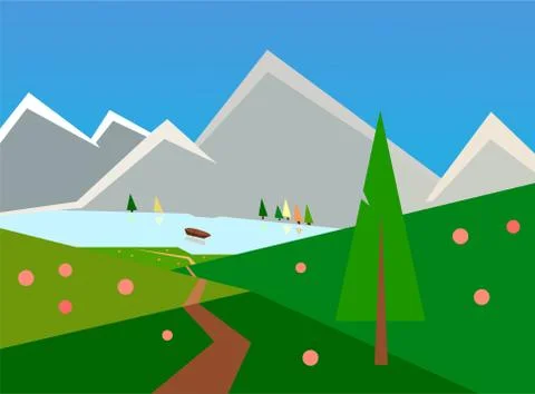 Spring landscape clip art, road to mountain lake, greens Stock Illustration