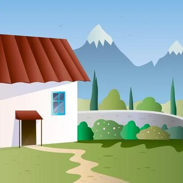 Spring landscape with cottage on mountain background. Vector illustration. Stock Illustration