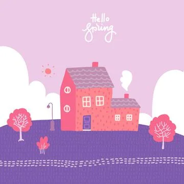 Spring landscape with cozy house, fields and nature. Romantic blooming Stock Illustration