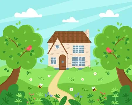 Spring landscape with cute brick house and green meadow with flowers Stock Illustration