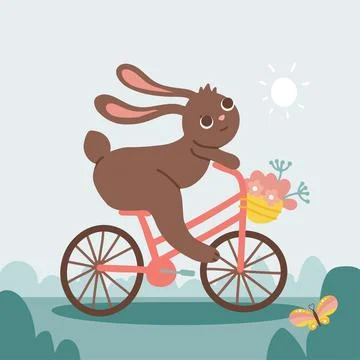 Spring landscape with Cute rabbit rides a bicycle in a green meadow. Cute Stock Illustration