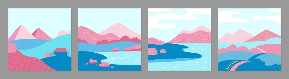 Spring landscape fields sakura cherry blossom hills set scenery design pink Stock Illustration