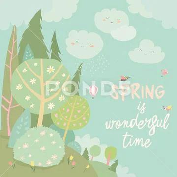 Spring landscape with flowering trees and flowers Stock Illustration
