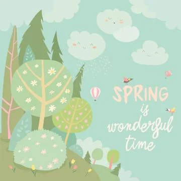 Spring landscape with flowering trees and flowers Stock Illustration