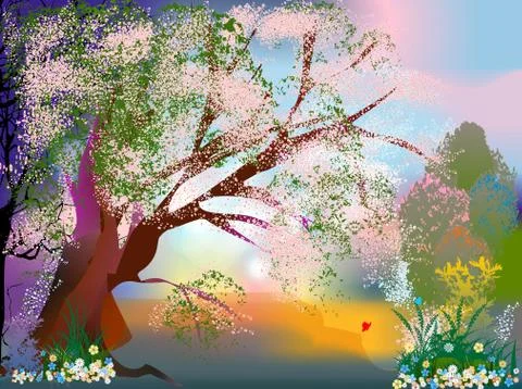 Spring landscape with flowers Stock Illustration