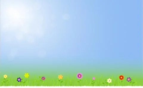 Spring landscape with flowers,grass,raindrops Stock Illustration