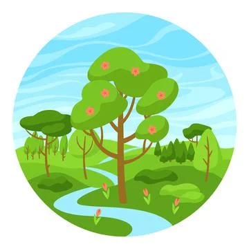 Spring landscape with forest, trees and bushes. Stock Illustration
