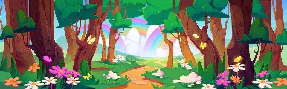 Spring landscape of forest with trees and flowers Stock Illustration