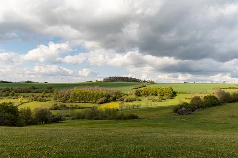 Spring landscape with green fields and meadows Stock Photos