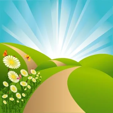 Spring landscape green fields blue sky flowers and butterflies Stock Illustration