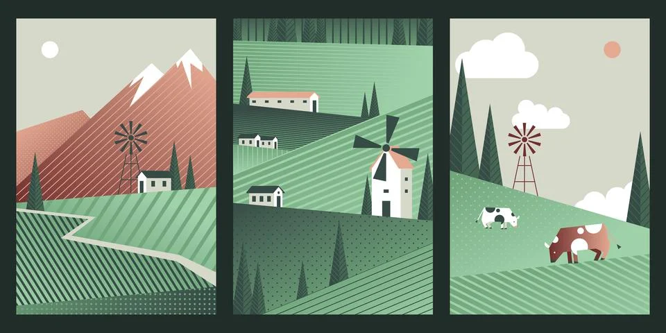 Spring landscape, green fields, rolling hills and cows Stock Illustration