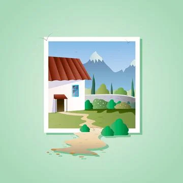 Spring landscape with house on mountain background in white frame. Vector ill Stock Illustration