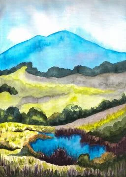 Spring landscape with lake and mountain. Hand painted watercolor image Stock Illustration