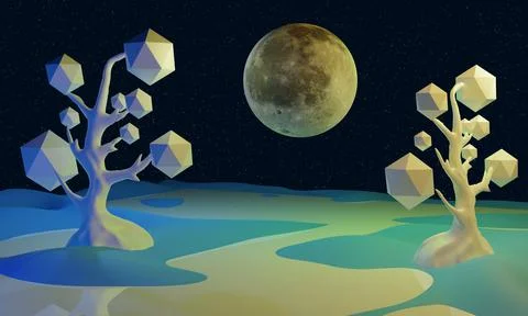 Spring landscape with moon low poly trees 3d graphics, 3d render 스톡 일러스트
