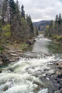 Spring landscape in a mountain stream with a waterfall. Stock Photos