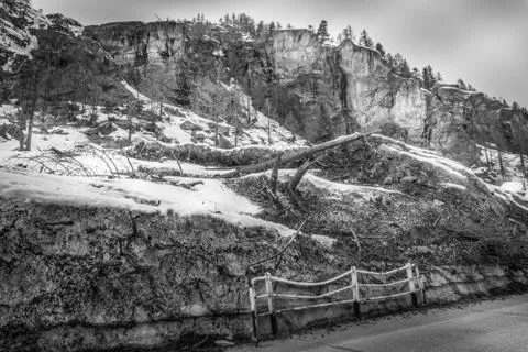 Spring landscape in the mountains in black and white with snow. Bad weather Stock Photos