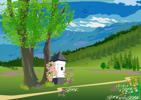 Spring landscape in the mountains Stock Illustration