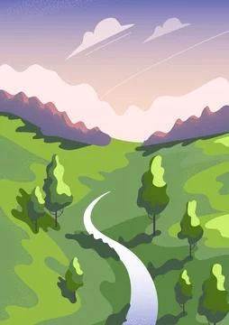 Spring landscape. Mountains, river and sunset sky with running clouds. Green Stock Illustration