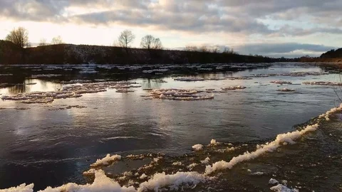 Spring landscape with moving ice floes Stock Footage 85379507