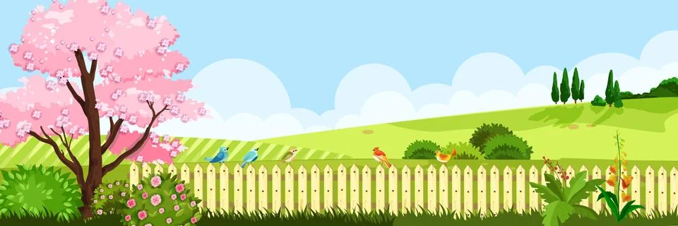 Spring landscape nature vector background with grass meadow, sakura blossom Stock Illustration
