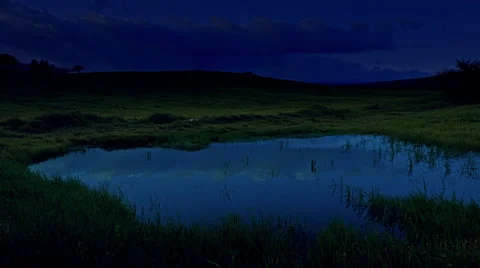 Spring landscape night moonlight sky and clouds reflected on pond Stock Footage 48984458