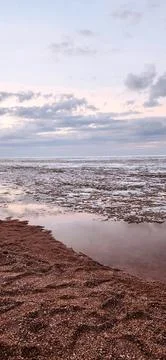 Spring landscape. Panoramic view of beautiful dawn on bay. Cumulus clouds o.. Stock Photos