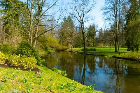 Spring landscape in a park with a pond. Stock Photos