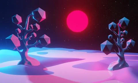 Spring landscape with red sun sunset low poly trees 3d graphics, 3d render 스톡 일러스트