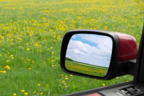 Spring landscape reflection in car side mirror on dandelion field Foto stock