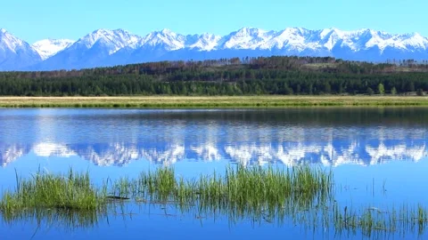 Spring landscape with the reflection of the snow-capped mountains in the river Stock Footage 86940134