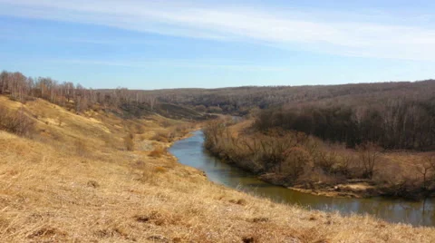 Spring landscape with the river and the blue sky, panorama Video stock 49920905