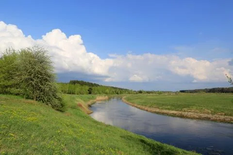 Spring landscape with river Fotos de archivo