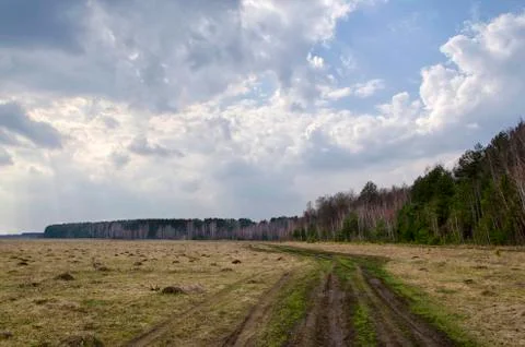 Spring landscape with a road and clouds Stock Photos
