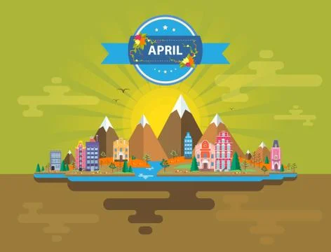 Spring landscape. Small town Stock Illustration