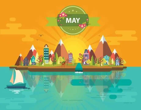 Spring landscape. Small town Stock Illustration