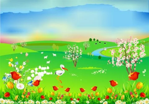Spring landscape with storks Stock Illustration