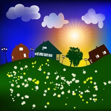 Spring landscape with Sun houses, vector Stock Illustration