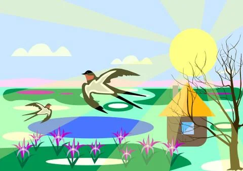 Spring landscape with swallows Stock Illustration