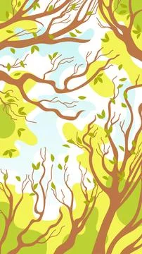 Spring landscape. Tree crowns with young foliage, blue sky, white clouds. Vector Stock Illustration