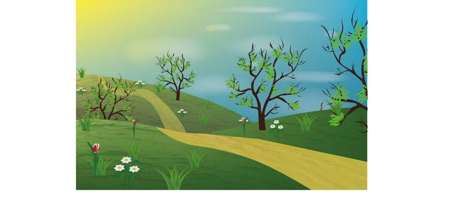 Spring landscape with trees and flowers Illustrazione stock