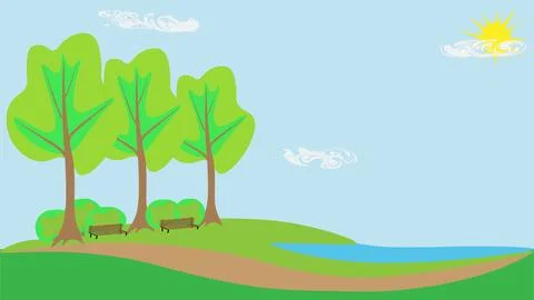 Spring landscape trees bushes and benches on the lake shore with a path and.. Stock Illustration
