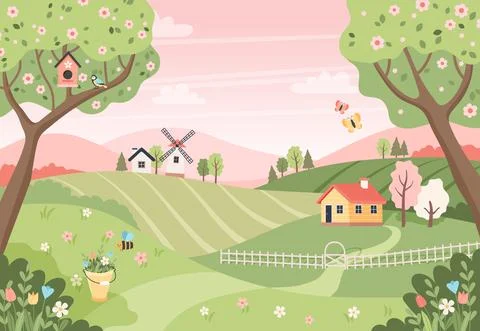 Spring landscape with trees, fields, houses and windmill. Easter background 库存插图