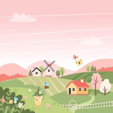 Spring landscape with trees, fields, houses and windmill. Easter background Stock Illustration